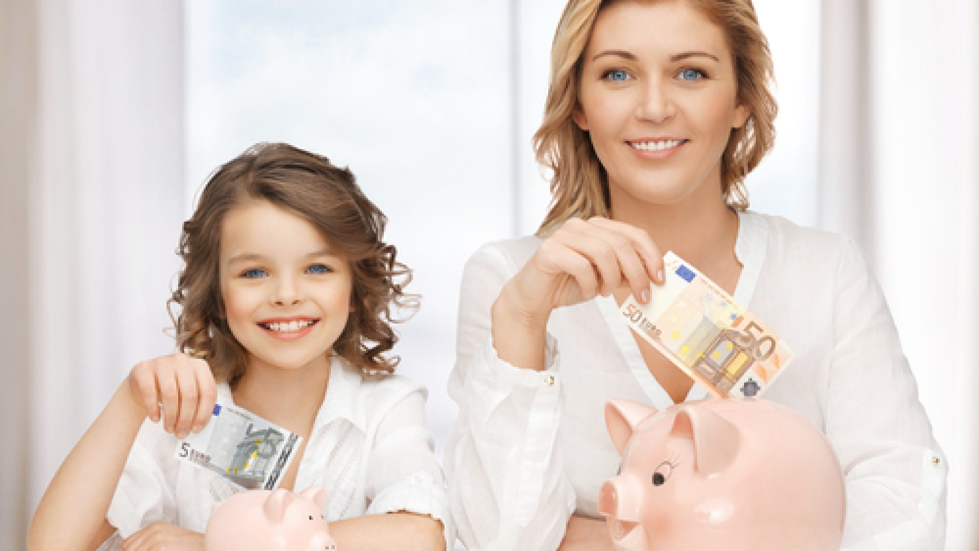Mother,And,Daughter,With,Piggy,Banks,And,Paper,Money