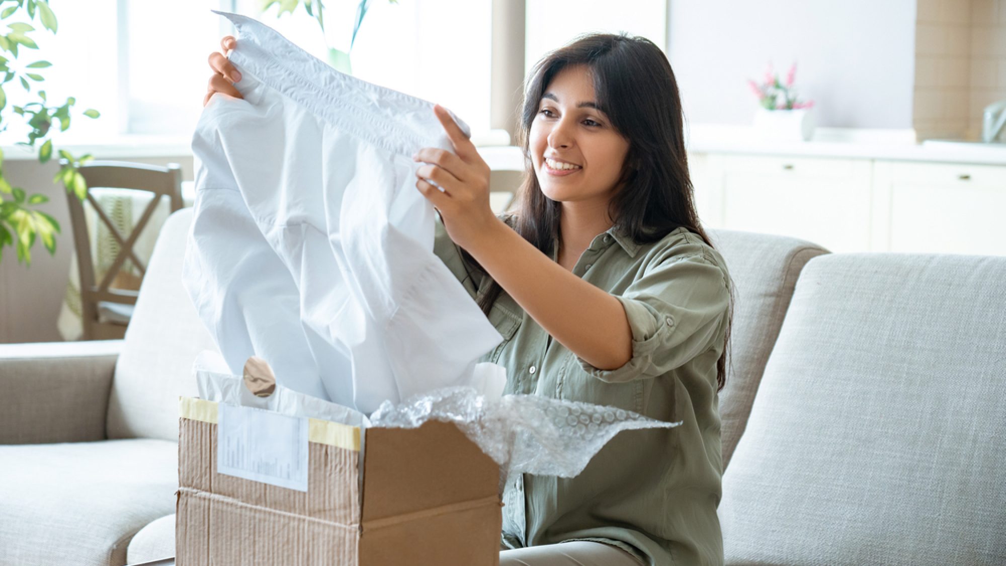 Happy,Indian,Young,Woman,Buyer,Opening,Parcel,Box,At,Home.