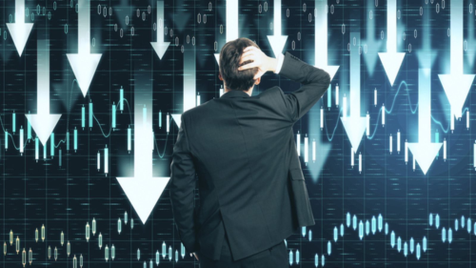 Back,View,Of,Young,Businessman,Thinking,About,Digital,Falling,Arrows
