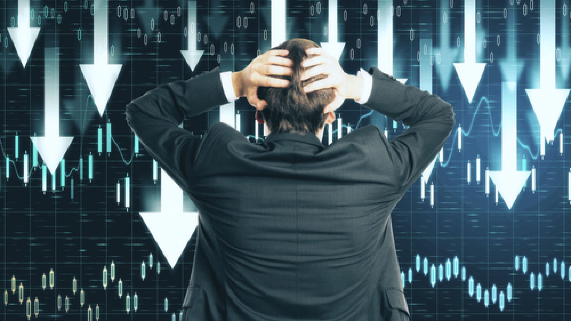 Shocked,Businessman,Looking,On,Digital,Falling,Arrows,On,Forex,Chart