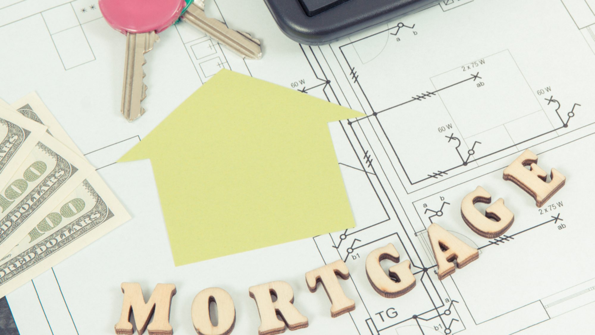 Inscription,Mortgage,,Home,Keys,,Currencies,Dollar,And,Calculator,On,Construction