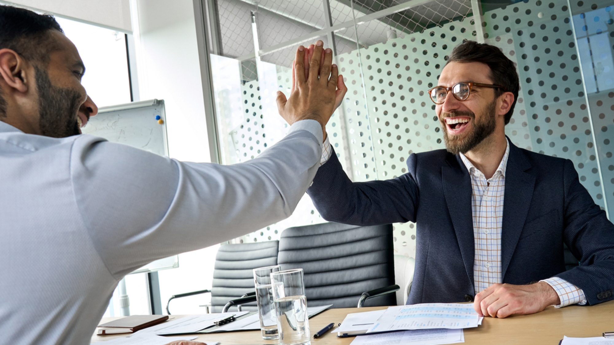 Two,Happy,Multiethnic,Professional,Businessmen,Executive,Ceo,Leaders,Partners,Giving