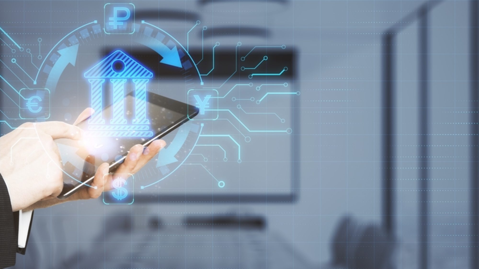 Close,Up,Of,Businessman,Hand,Pointing,At,Tablet,With,Abstract