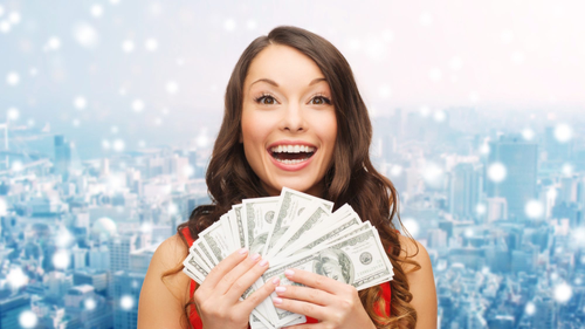 Christmas,,Sale,,Banking,,Winning,And,Holidays,Concept,-,Smiling,Woman