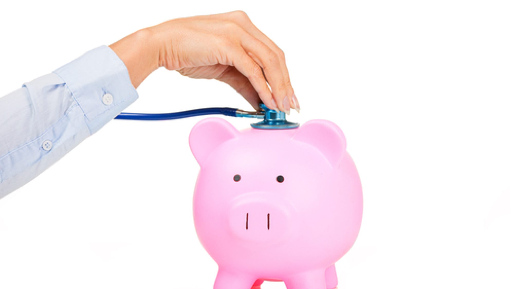 Woman,Hand,Stethoscope,Pink,Piggy,Bank,Isolated,On,White,Background.
