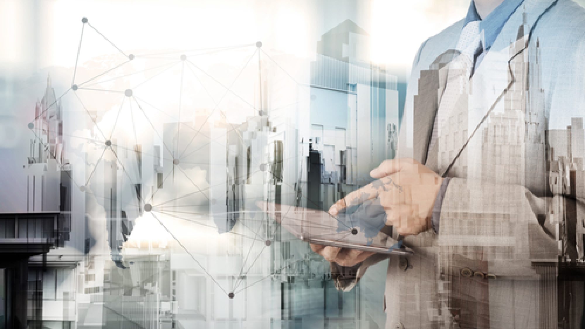 Double,Exposure,Of,Businessman,Working,With,New,Modern,Computer,Show