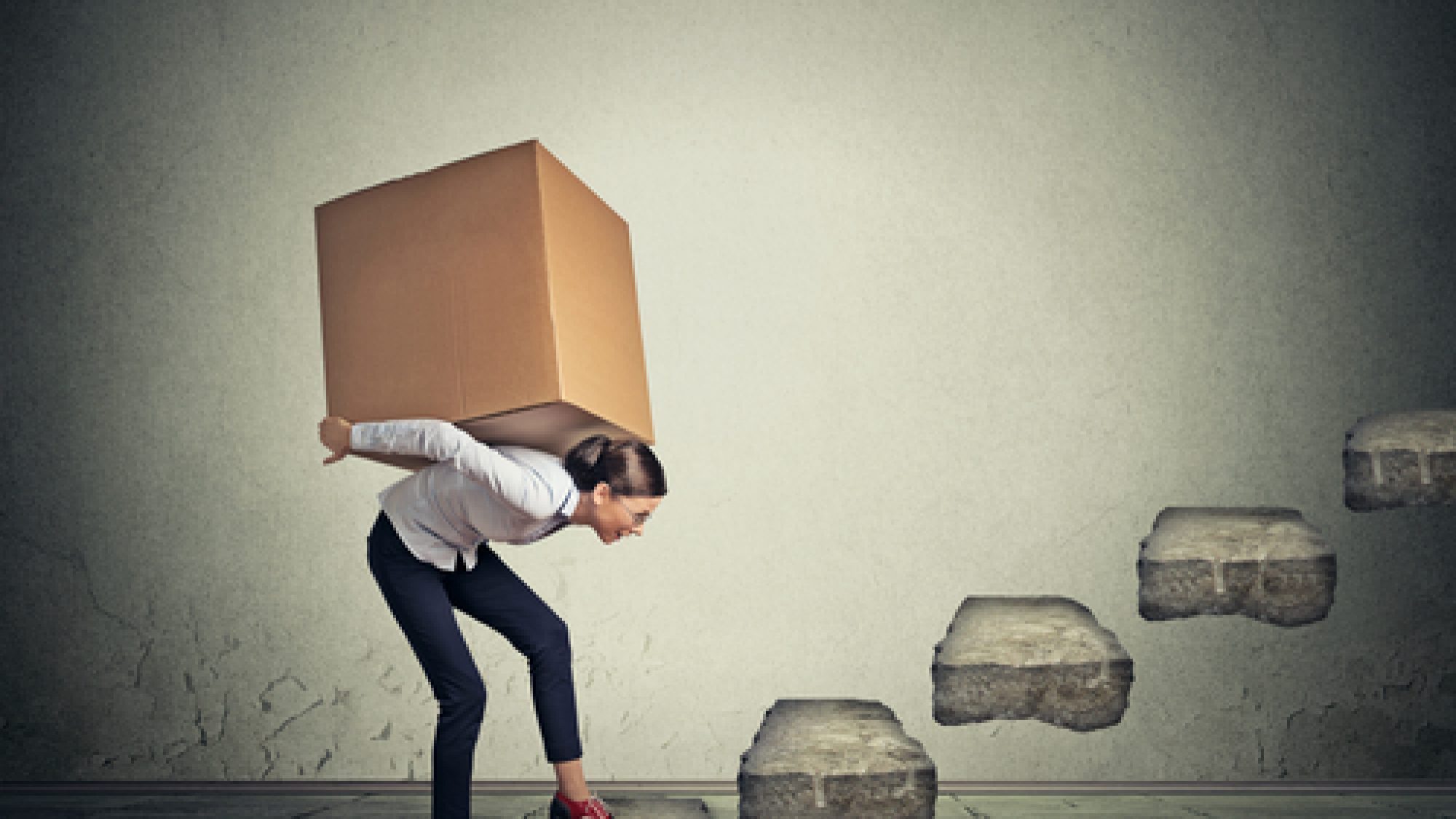 Difficult,Task,Perspective,Concept.,Young,Slim,Woman,Carrying,Large,Heavy