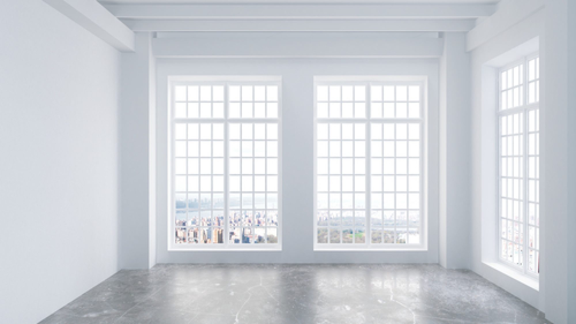 Modern,Empty,Light,Loft,Room,With,Concrete,Floor,,Big,Windows